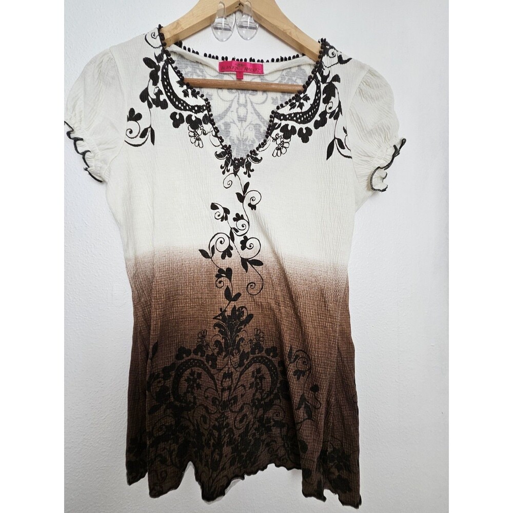 Almost Famous Bohemian Blouse Fitted Dip Dye Women's Ombre Embroidery Size M
